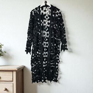 Vintage Lim’s Black Hand Crochet Sequin Maxi Cardigan One Size Open Front